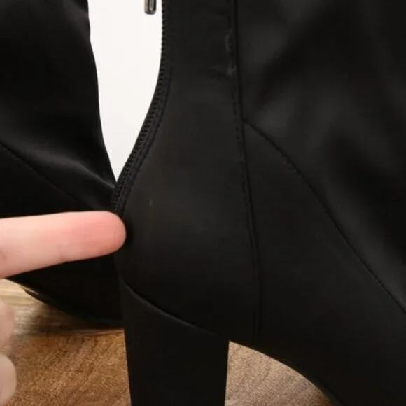 Delicious Boots Black Satin Ankle Booties Chunky Heel Round Toe Sock Stretchy 10 - Picture 7 of 11